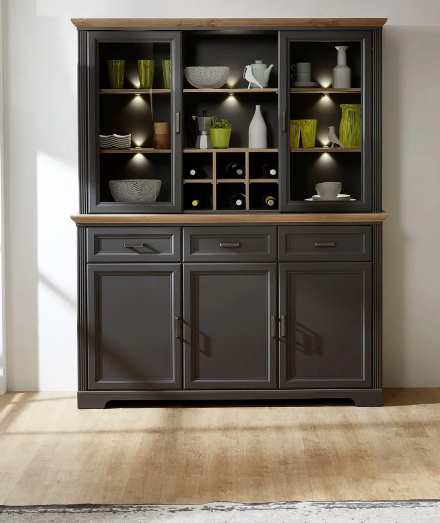 Nástavná vitrína s priehradkami Jasmin, grafit/dub, s osvetlením