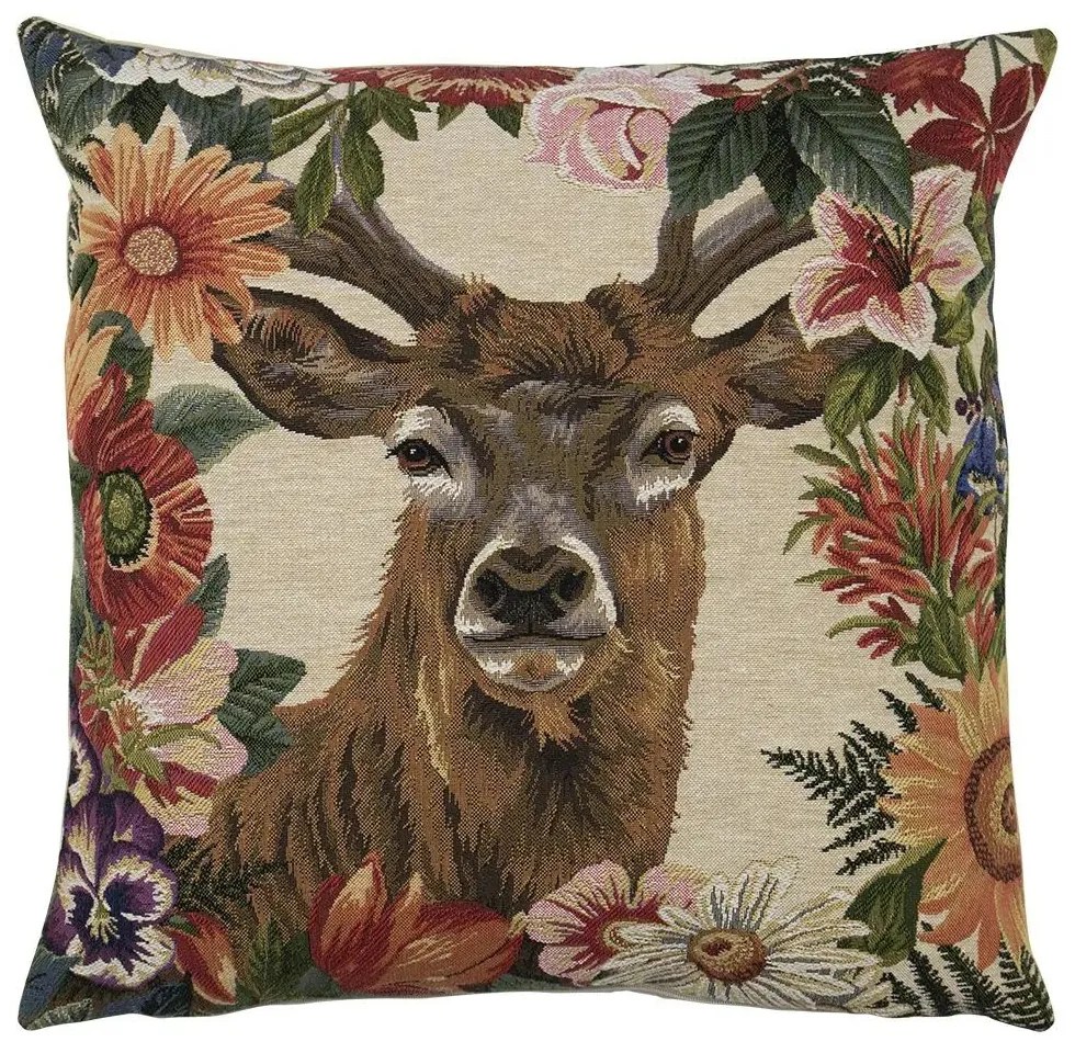 Gobelínový vankúš s jeleňom v kvetinovom okraji Flower Deer - 45*15*45cm