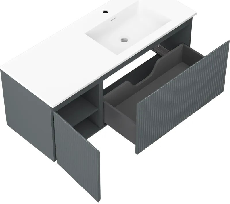 Mexen Rivel, kúpeľňová skrinka 120 cm s pravým umývadlom Otis, 1S, 1D, drážkovaná, grafitová/biela matná, 91A23-12047-3-BBFF66-W18P01