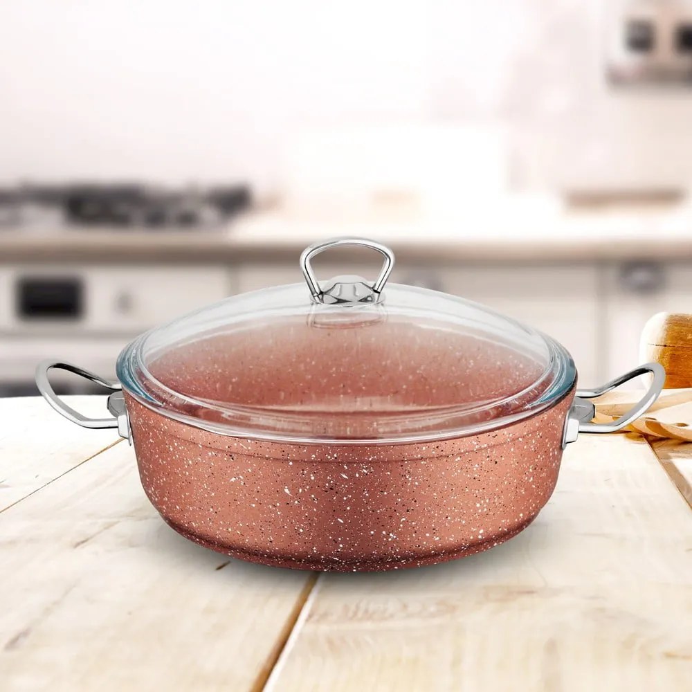 Ružový nízký hliníkový hrniec s pokrievkou Güral Porselen Classic, ø 30 cm