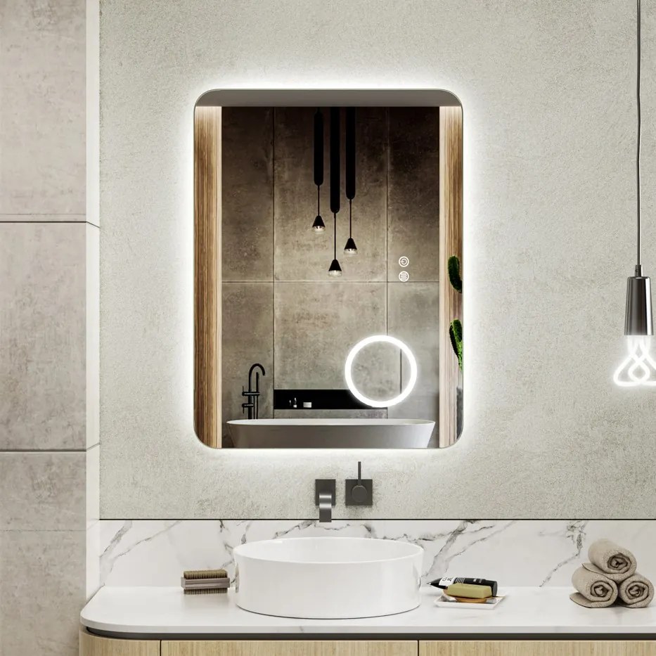 Erga Myra, LED zrkadlo 80x60 cm s kozmetickým zrkadlom 3x zväčšenie, 3146 lm, 3 farby svetla, zadné osvetlenie, ERG-V01-MYRA-8060-00