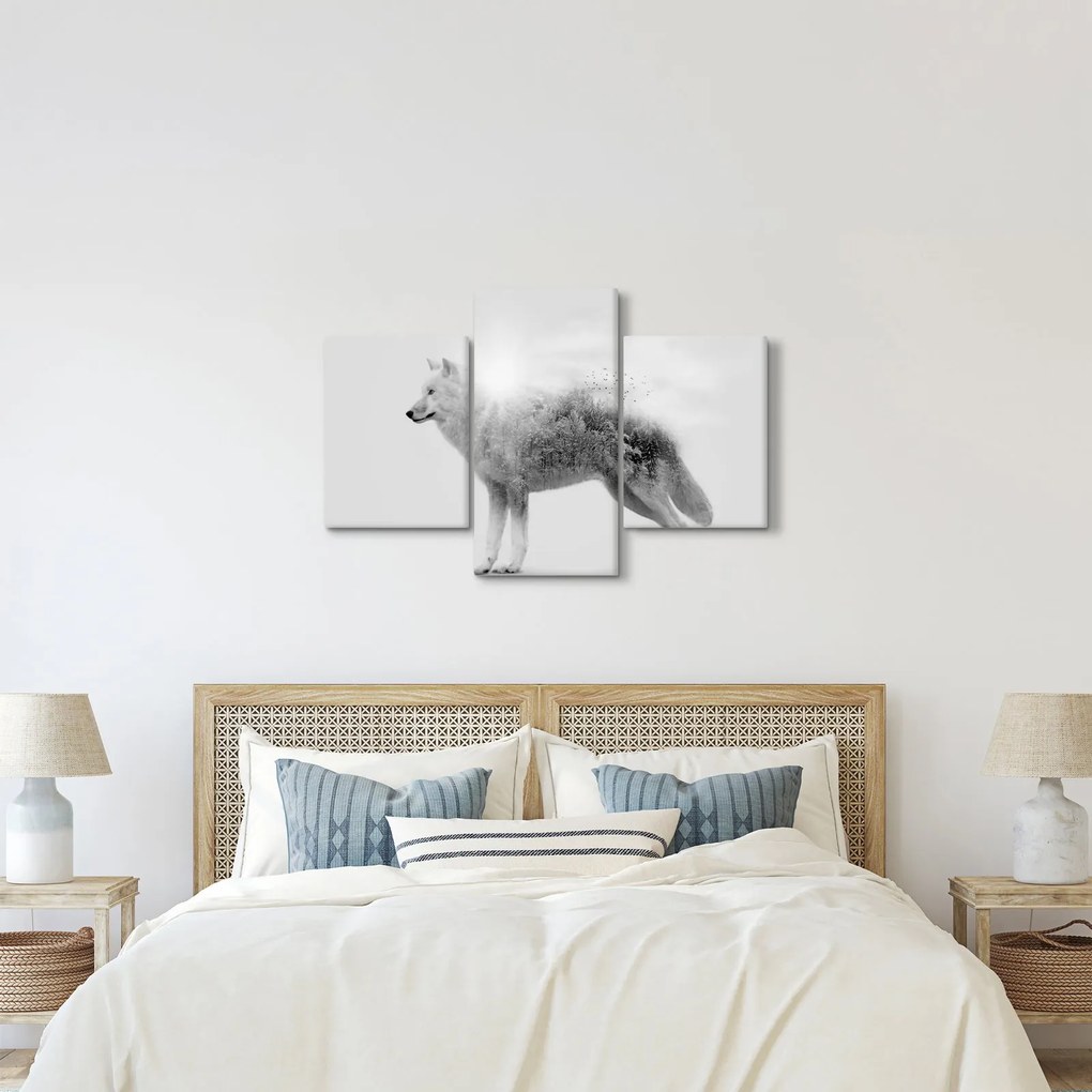 Obraz - Arktický vlk zrkadliaci divokú krajinu, čiernobiely (90x60 cm)