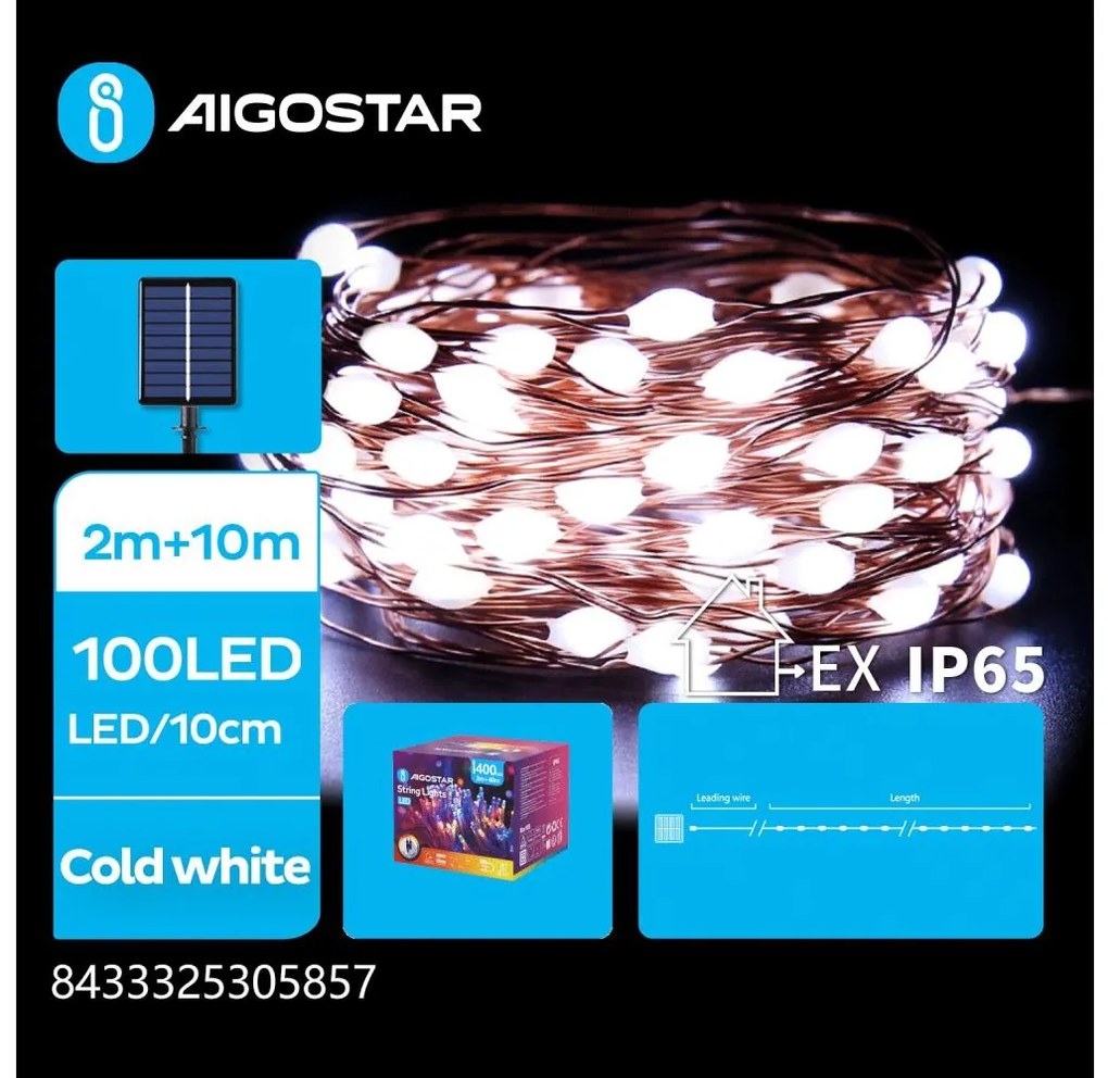 Aigostar B.V. Aigostar LED solárny vianočný reťazec 100xLED, 8 funkcií, 12m, IP65, studená bie B10201K76