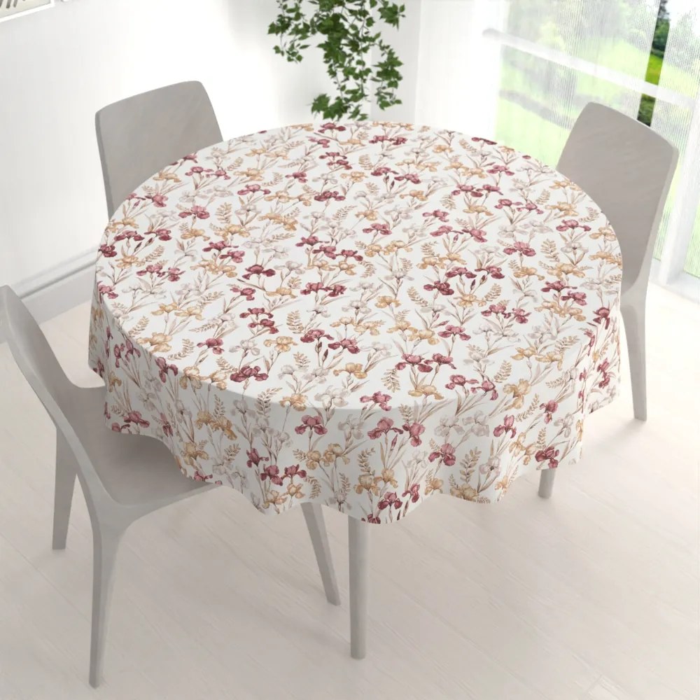 Biante Bavlnený okrúhly obrus Sandra SA-636 Vínovo-béžové kosatce na bielom Ø 70 cm
