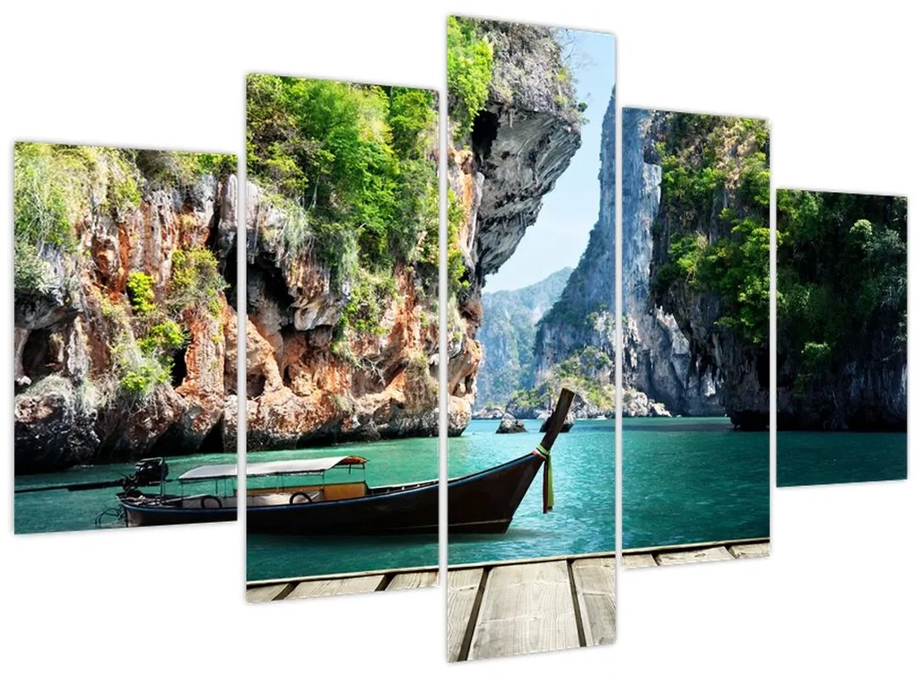 Obraz - Vodná stredomorská krajina s loďou (150x105 cm)