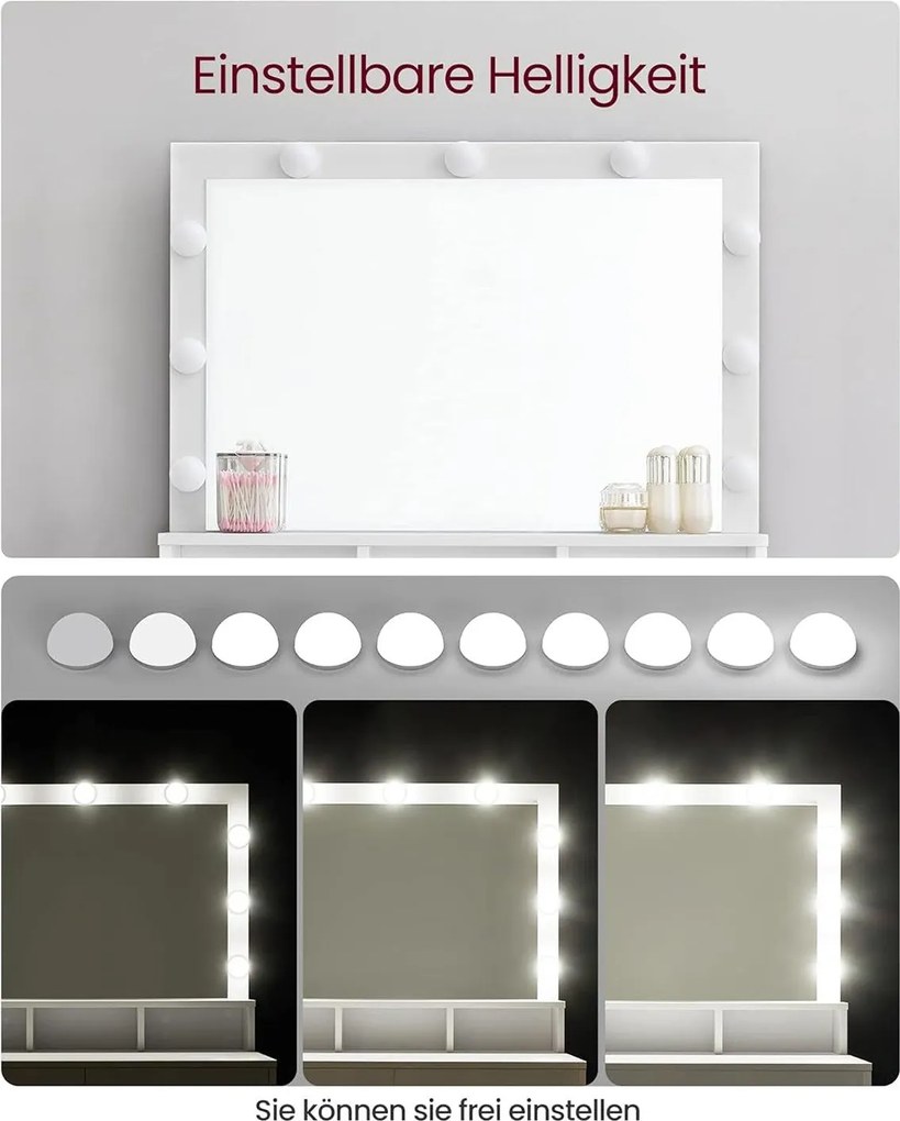 Toaletný stolík s LED osvetlením, so zrkadlom, nastaviteľný jas, biely