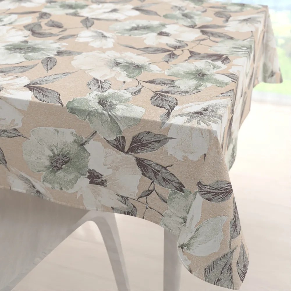 Biante Dekoračný štvorcový obrus Porto PRT-012 Zeleno-biele kvety na béžovom 90x90 cm