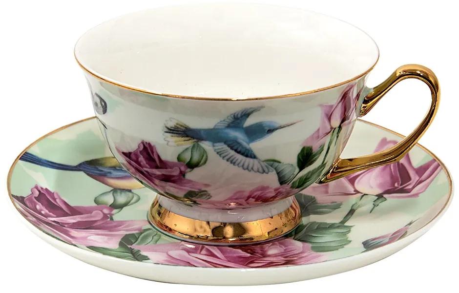 Porcelánová šálka s tanierikom s kvetmi a vtáčikmi - 12*10*6 cm / Ø 15*2 cm / 200 ml