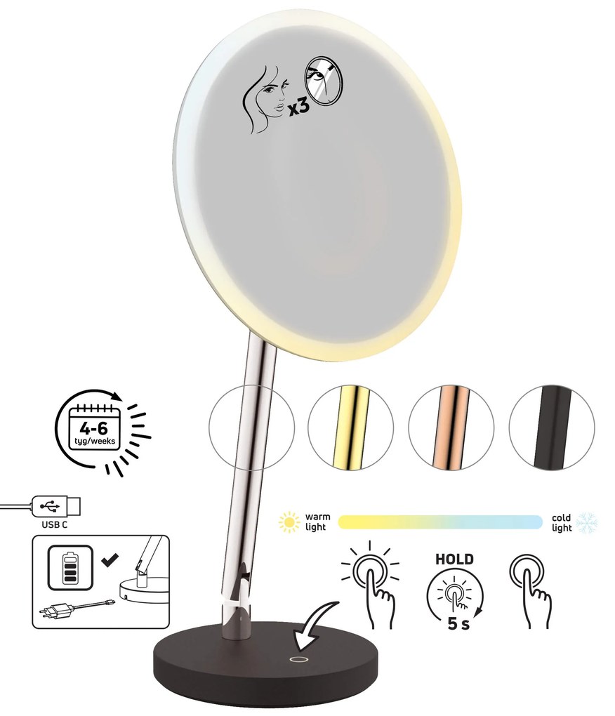 Deante Silia, voľnestojace kozmetické LED zrkadielko na ramene, zväčšenie (3x), zlatá-čierna, ADI_Z812