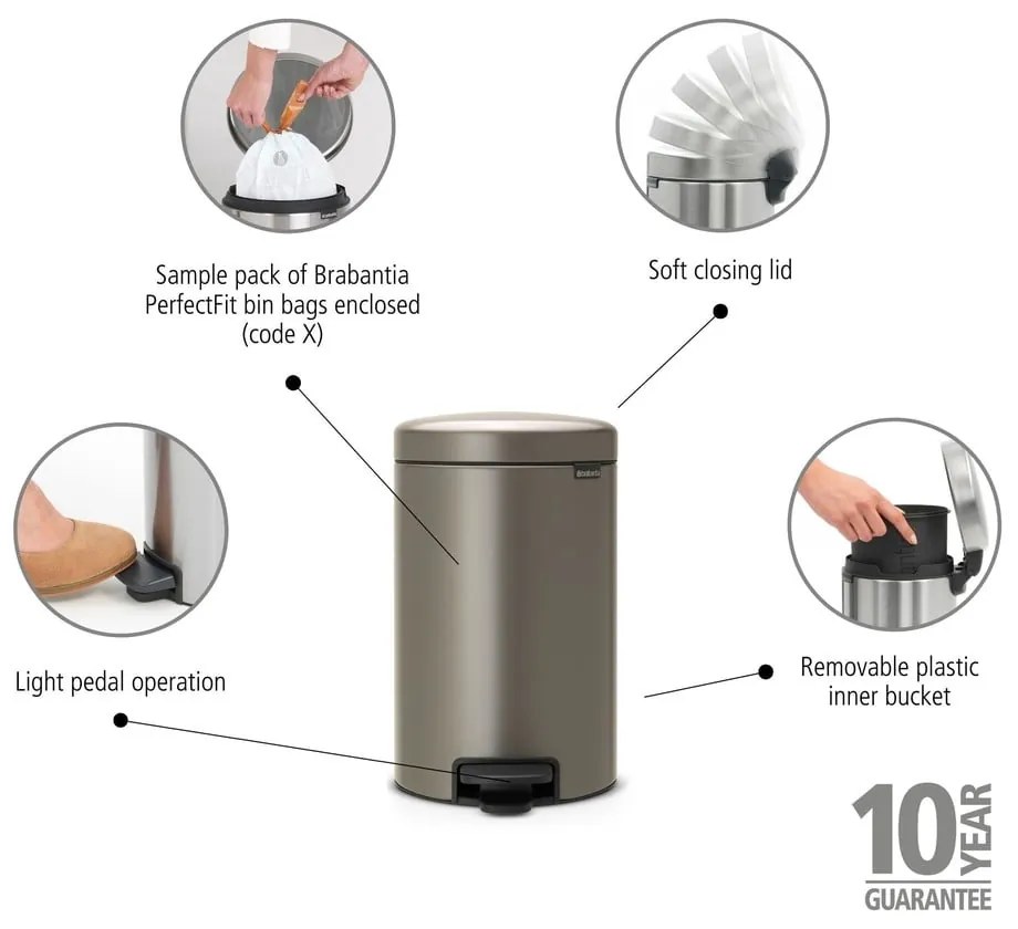 Sivý nášľapný oceľový odpadkový kôš 12 l NewIcon – Brabantia