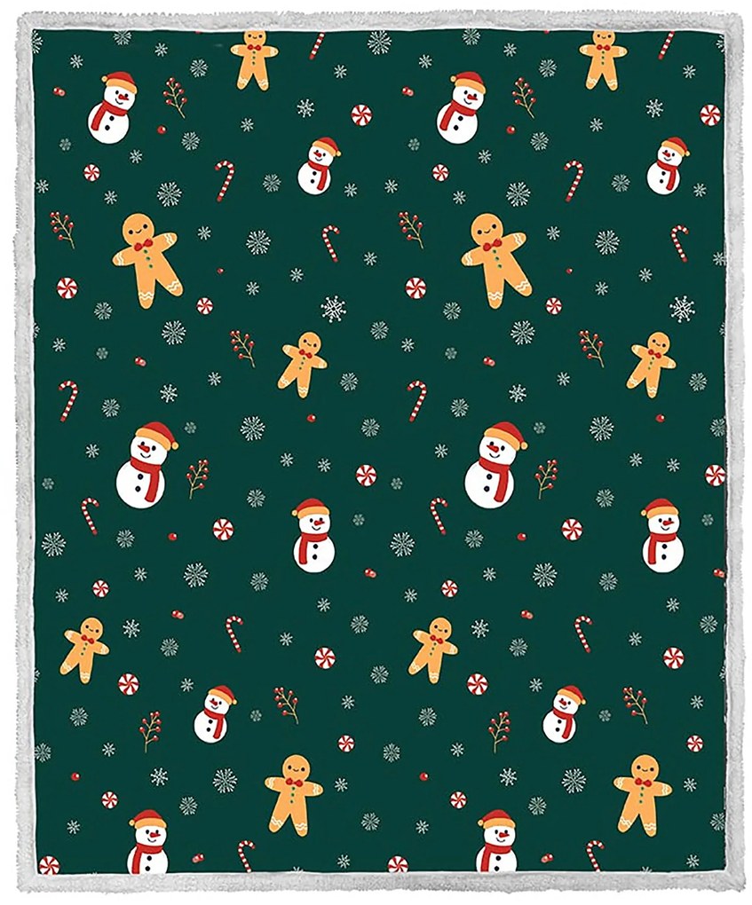 Vianočná tmavozelená baránková deka z mikroplyšu SNOWMAN AND GINGERBREAD Rozmer: 200 x 220 cm