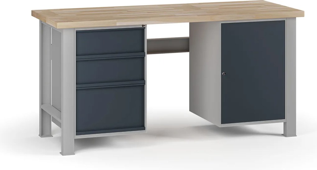 Dielenský pracovný stôl G7, buková škárovka, 1700 x 685 x 840 mm, 1x skrinka, 3 zásuvky, grafit