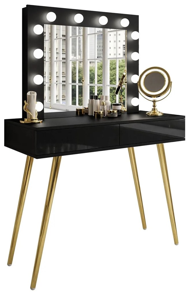 Toaletný stolík JOANNA II so zrkadlom + led osvetlenie, čierny lesk + zlatá