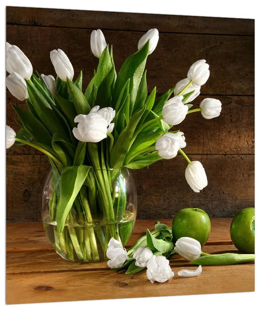 Obraz bielych tulipánov vo váze (30x30 cm)