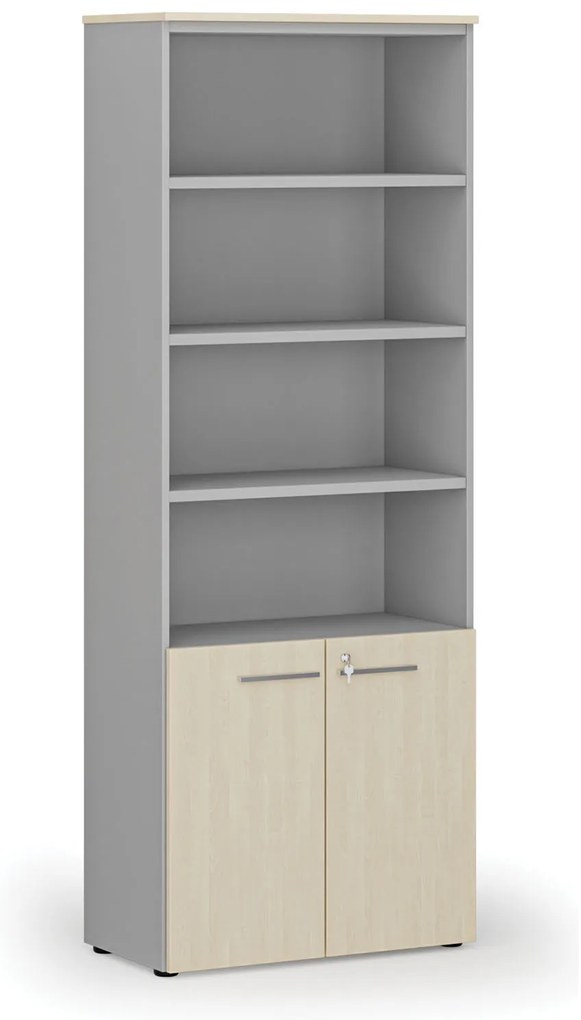 Kombinovaná kancelárska skriňa PRIMO GRAY, dvere na 2 poschodia, 800 x 420 x 2128 mm, sivá/breza