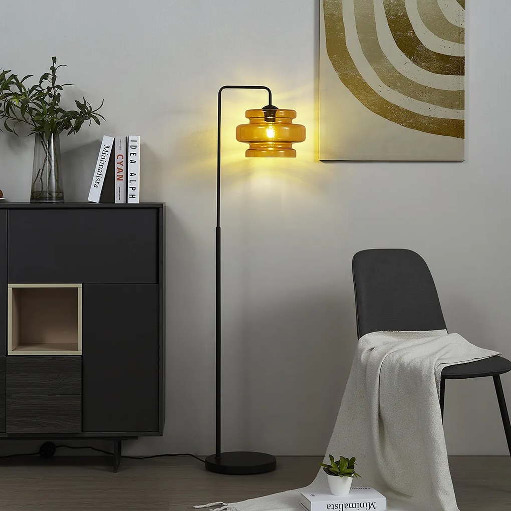 Retro stojacia lampa čierna s oranžovým sklom - Denise