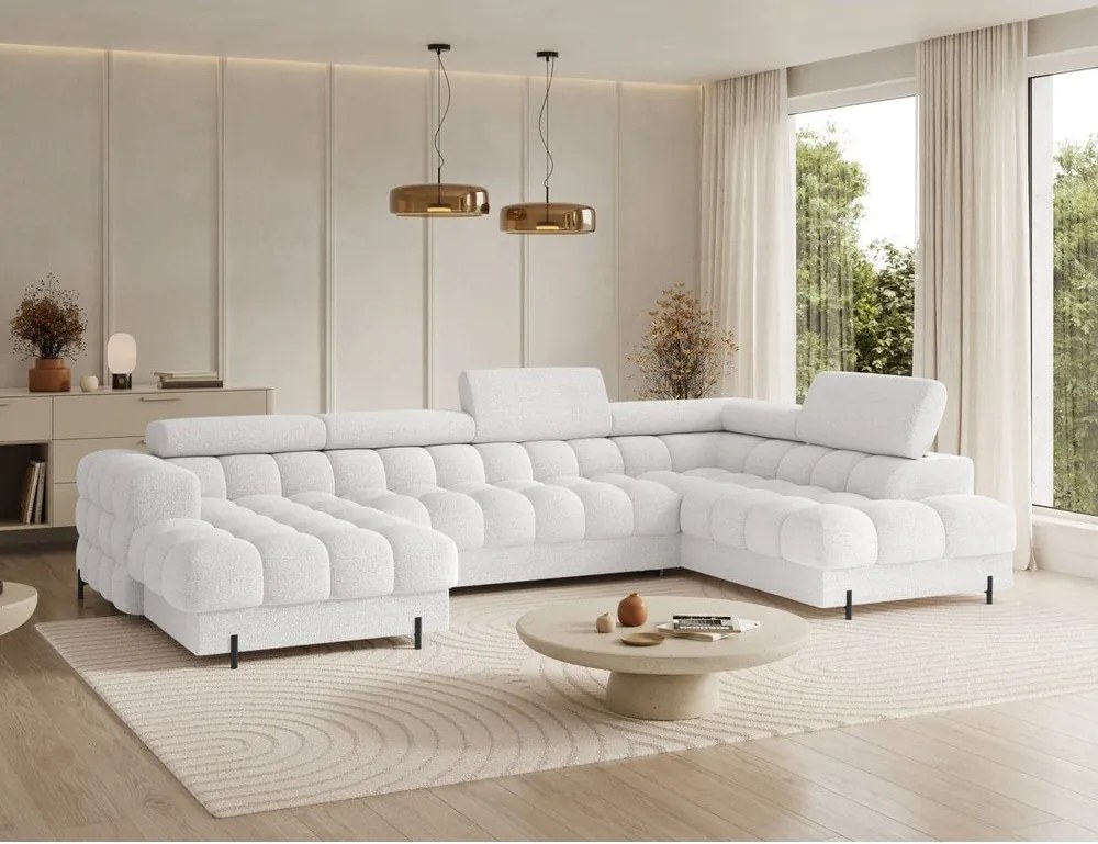 Krémovobiela rozkladacia rohová pohovka z textílie buklé (pravý roh/do tvaru "U") Feraria – ELTAP