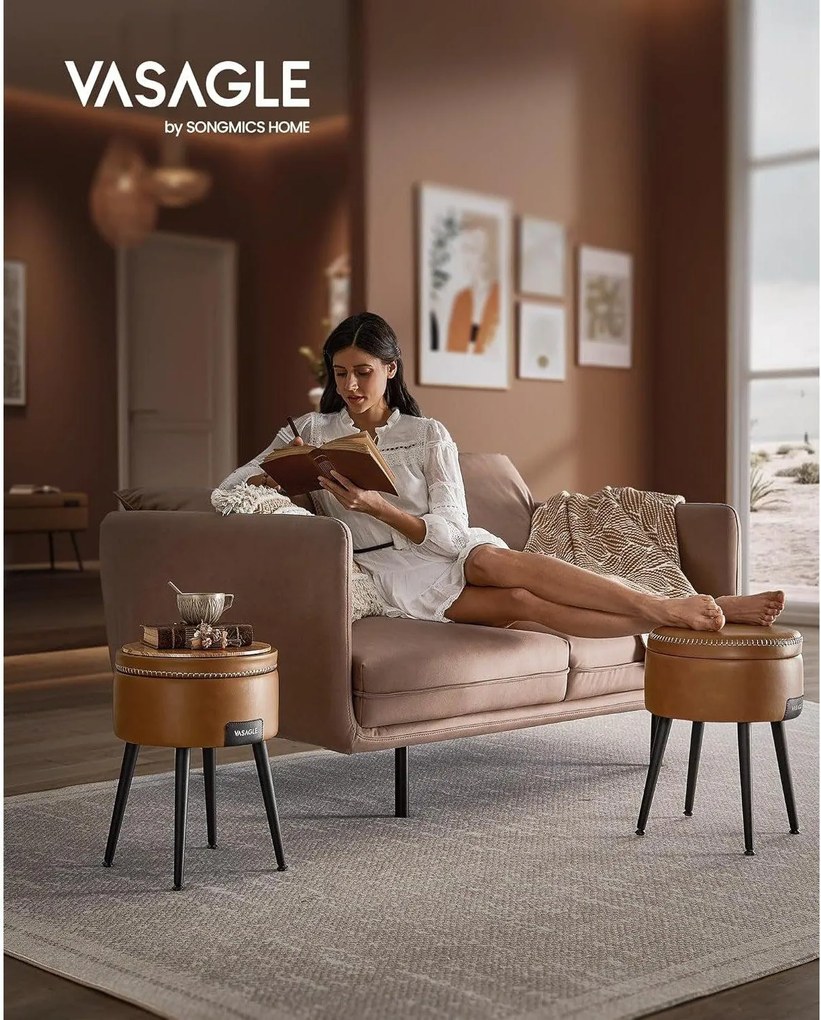 EKHO taburetka, odkladací stolík s úložným priestorom, syntetická koža, karamelovo hnedá