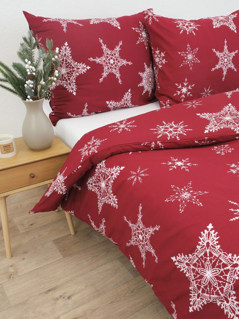 Vianočné predĺžené bavlnené obliečky Renforcé - Snehové vločky červené