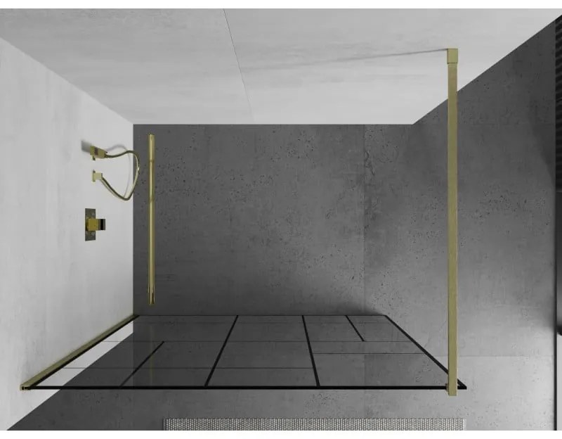 Mexen Kioto, sprchová zástena Walk-In 90 x 200 cm, 8mm číre sklo čierny vzor, zlatý matný profil, 800-090-101-55-78