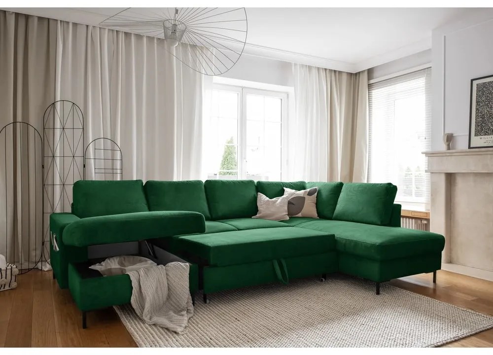 Tmavozelená menčestrová rozkladacia rohová pohovka (pravý roh) Lofty Lilly – Miuform