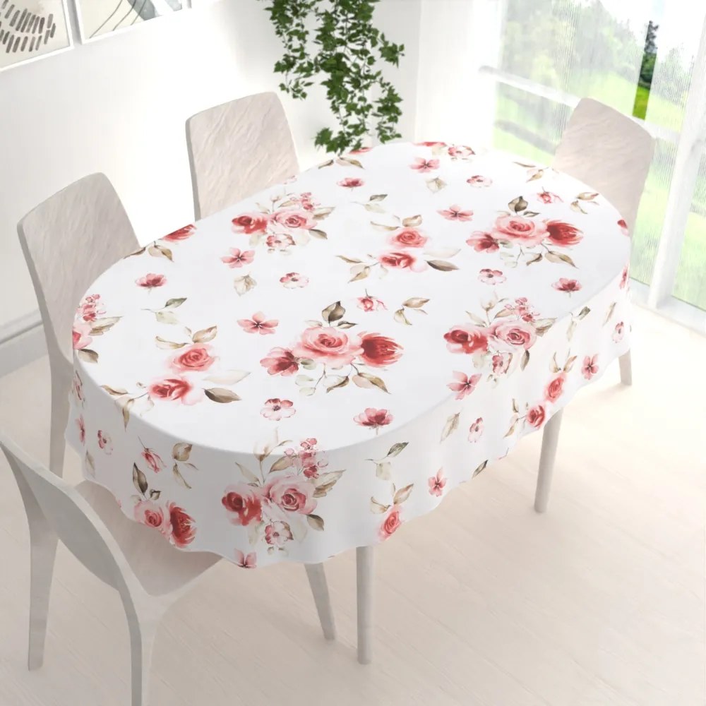Biante Teflónový oválny obrus TF-023 Červené ruže na bielom 140x160 cm