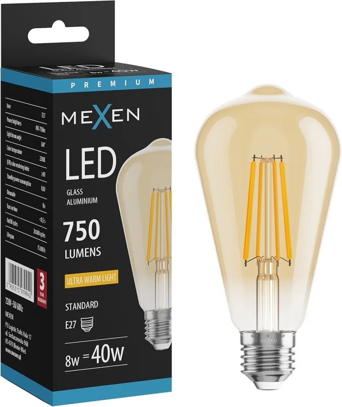 Mexen Vintis, LED filamentová žiarovka E27, ST64, 8 W, teplá biela 2200K, jantárová, L152-E27-0822-50
