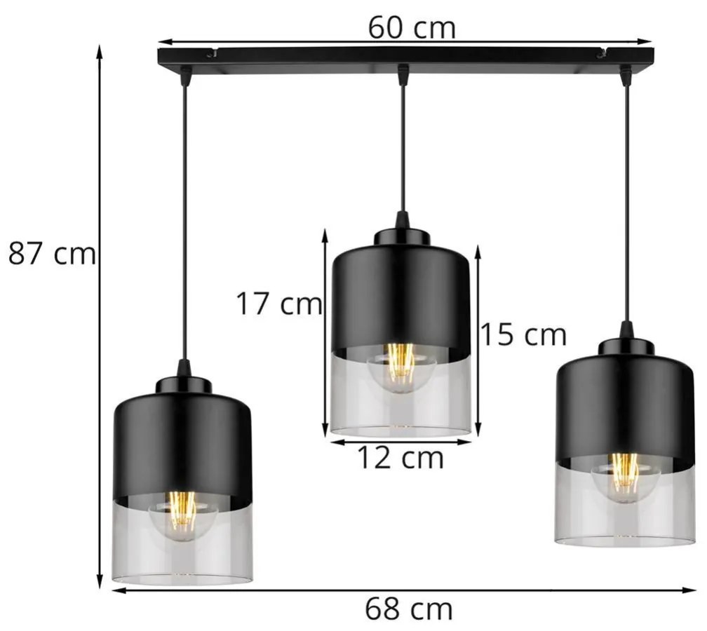 Závesné svietidlo ROMA, 3x čierne/transparentné sklenené tienidlo