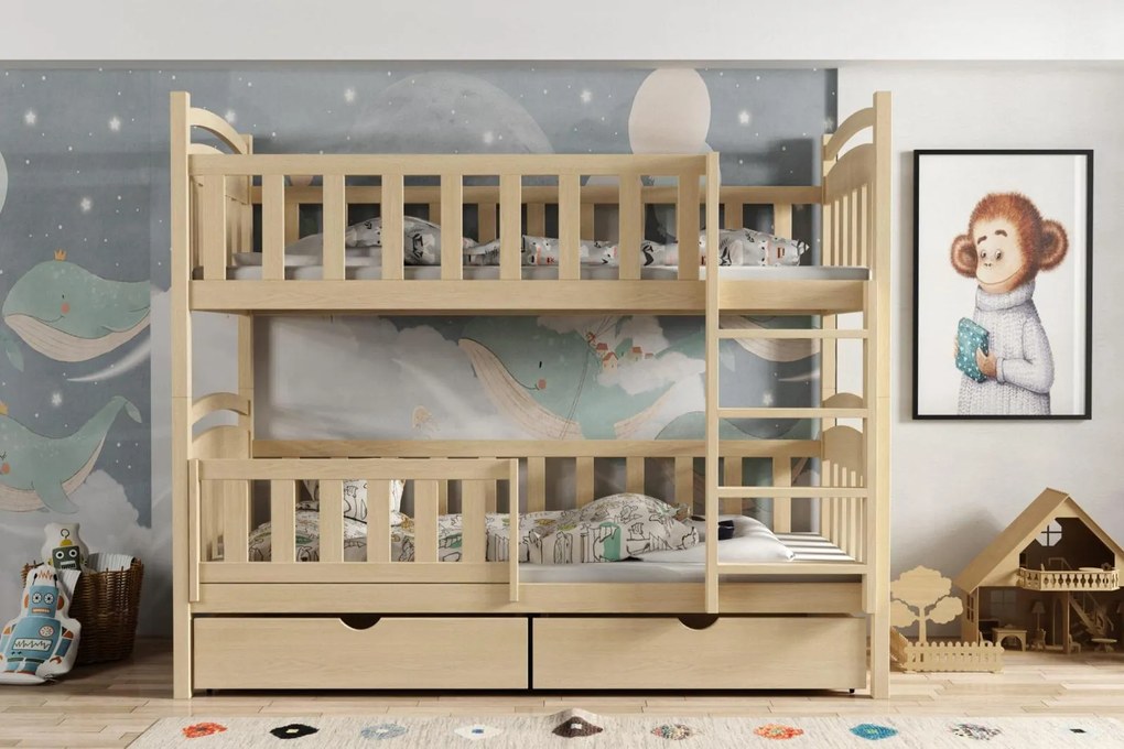 Detská poschodová posteľ z masívu borovice KRISTEN so šuplíkmi - 200x90 cm - PRÍRODNÁ BOROVICA