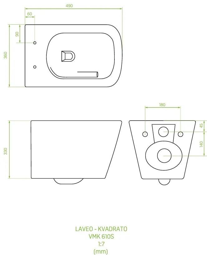Laveo Kvadrato Cycleon 2.0, závesná WC misa s toaletným sedadlom z duroplastu, Vortex splachovanie, biela lesklá, LAV-VMK_610S