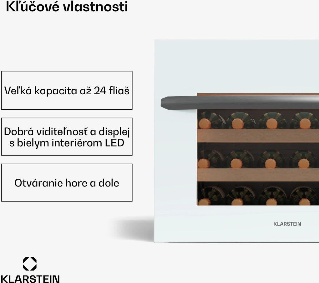 Klarstein Vinoline 24 Vstavaná vinotéka Uno, 24 fliaš, Integrovateľná, LED, biele sklenené dvere