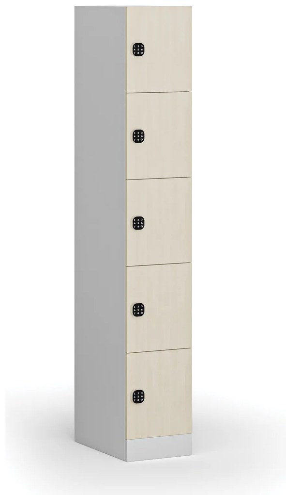 Šatníková skrinka S1 s úložnými boxmi, 5 boxov, 1850 x 300 x 500 mm, kódový zámok, laminované dvere, breza
