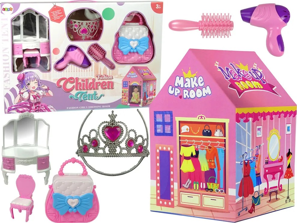 LEAN Toys Princeznovský stan pre deti kozmetický salón ružový s korunkou