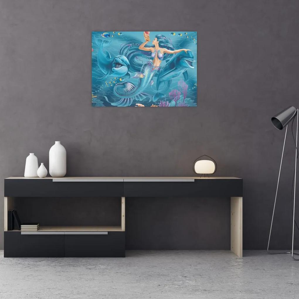 Obraz - Morská víla s delfínmi (70x50 cm)