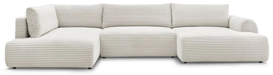 Krémovobiela menčestrová rozkladacia/s úložným priestorom rohová pohovka (ľavý roh/do tvaru "U") Lucien – Bobochic Paris