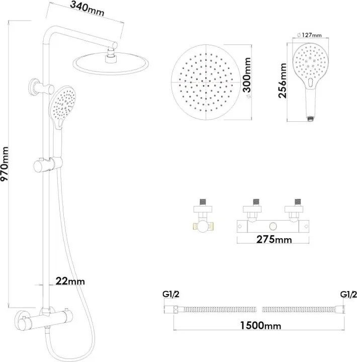 Erga Bergen, sprchový set s termostatickou batériou a dažďovou sprchou 30 cm, čierna matná, ERG-YKA-BP.BERGEN THERM 30 BLK