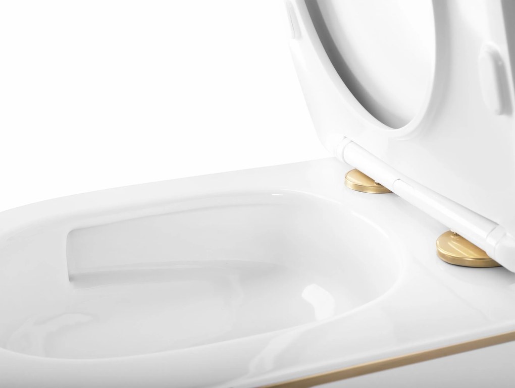 Rea Carlo Mini Tornado, závesná WC misa 490x355x350mm + toaletné sedadlo, biela-zlatý okraj, REA-C6801