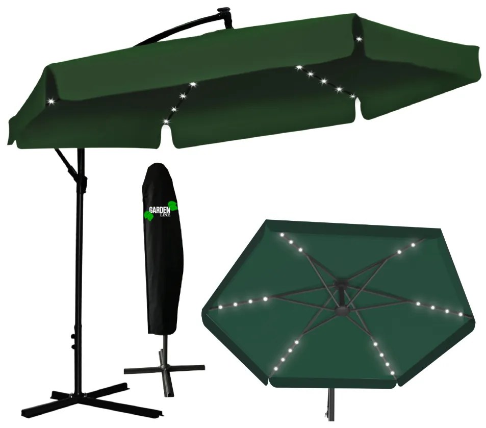 Zelený záhradný slnečník so stojanom a LED osvetlením