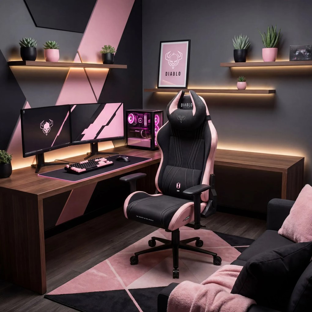 Herné kreslo z textílie Normal Size, čierno-ružové: Diablo X-Horn 2.0 Akira Pink