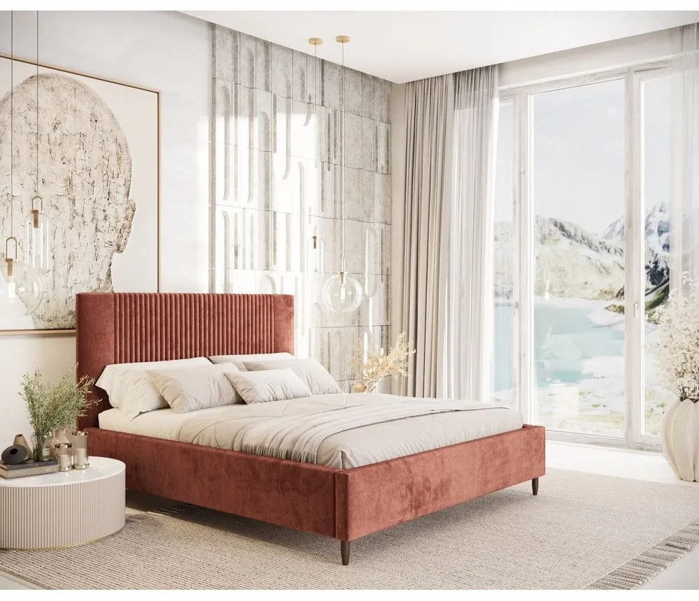 Čalúnená dvojlôžková posteľ s úložným priestorom s roštom 180x200 cm v tehlovej farbe Etero – Maison de Rêve