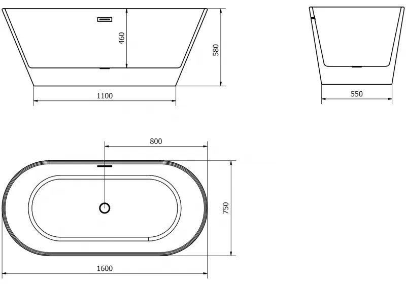 Mexen Flavia, voľne stojaca vaňa 160 x 75 cm, biela-čierna, biely prepad, 54031608075-20