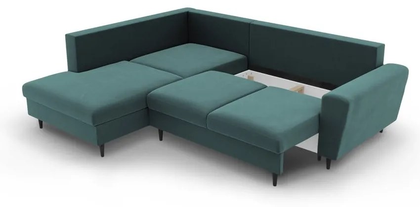 Zamatová rozkladacia/s úložným priestorom rohová pohovka v petrolejovej farbe (ľavý roh/do L) Kyoto – Cosmopolitan Design