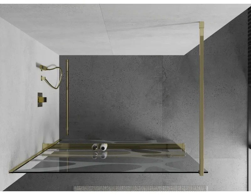 Mexen Kioto+, sprchová zástena s poličkou a držiakom na uteráky 140 x 200 cm, 8mm číre sklo vzor biely, zlatý profil 800-140-121-50-97