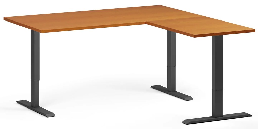 Výškovo nastaviteľný stôl, 160x160 cm, 3 motory, L/P, čierna podnož, čerešňa