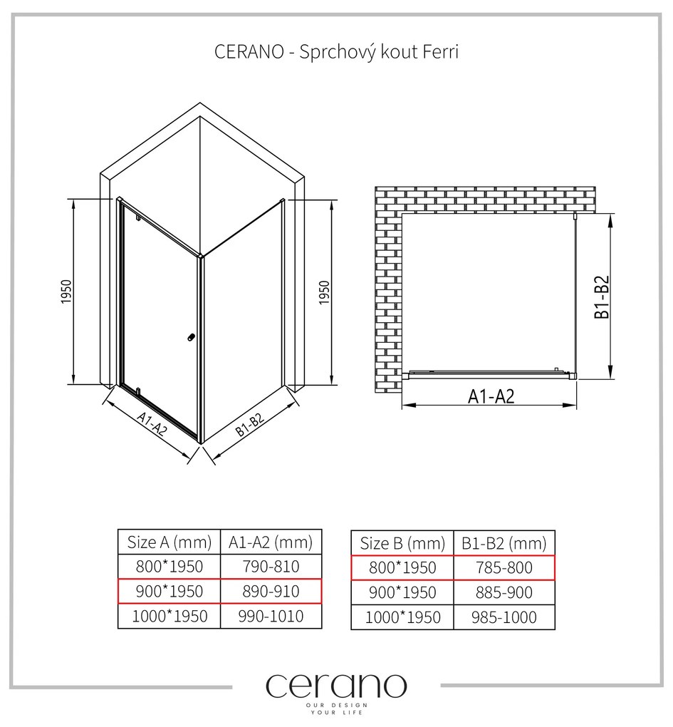 Cerano Ferri, krídlový sprchovací kút 90(dvere) x 80(stena) x 195 cm, 6mm číre sklo, chrómový profil, CER-CER-427453