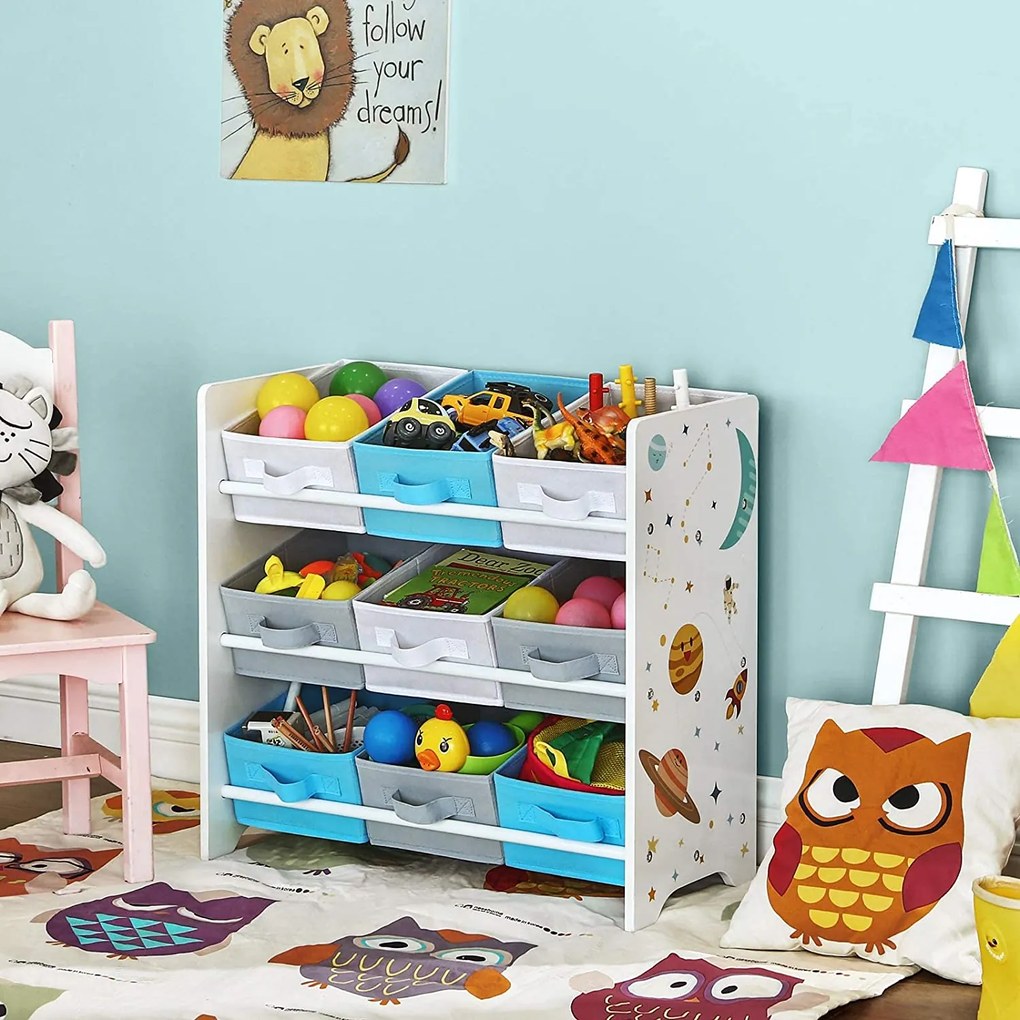 SongmicsHome Regál na hračky VESMÍR, 9 boxov, 62,5x29,5x60cm, biela s nálepkami