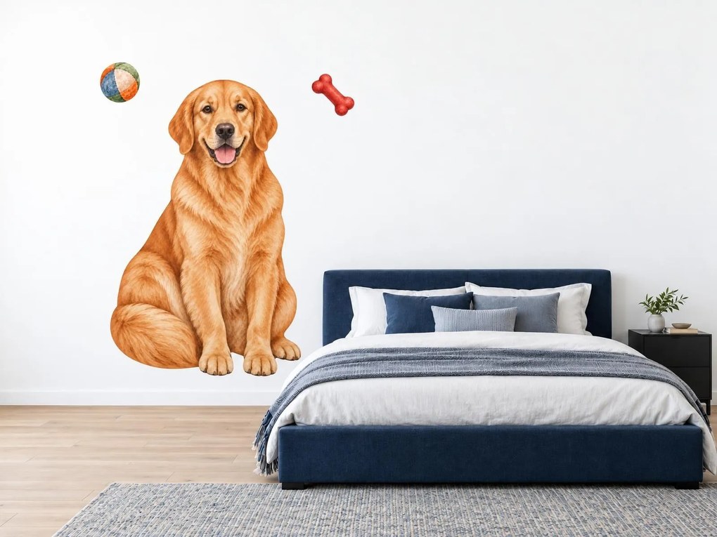 Zlatý retriever s loptičkou a kosťou maľované textilné nálepky na stenu pre milovníkov retrieverov hárok 31 x 46 cm