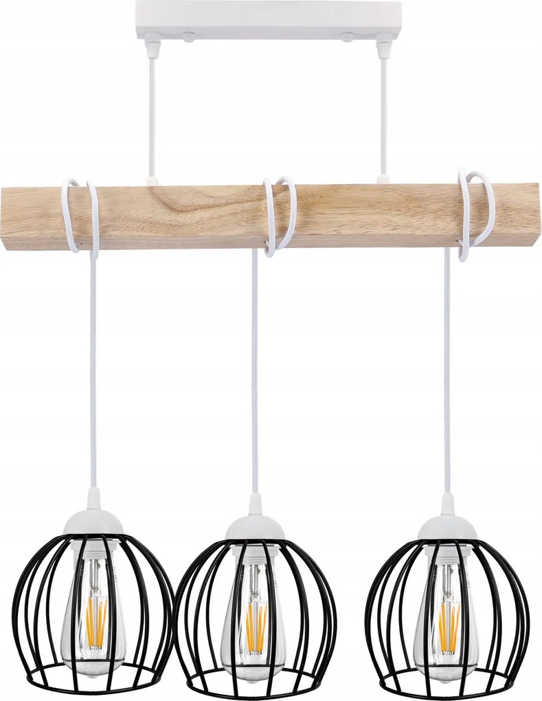 BERGE LED závesné stropné svietidlo, drevené, biele, 3xE27, drôtená guľa
