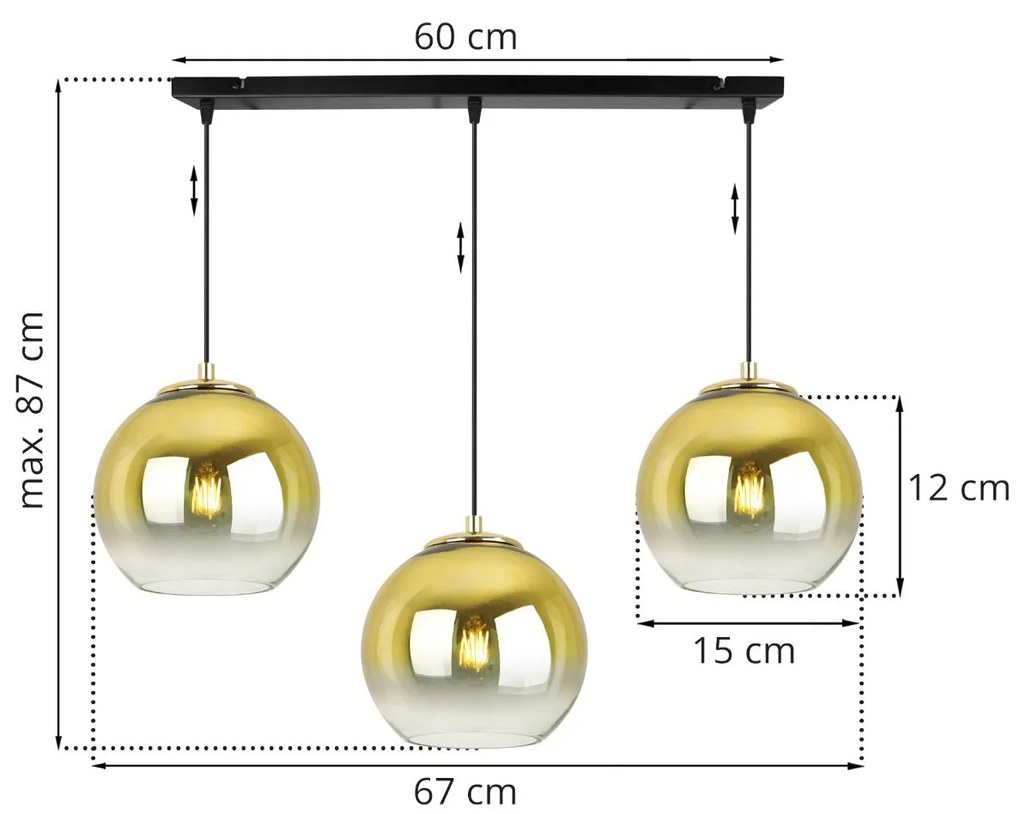 Závesné svietidlo Bergen Gold, 3x zlaté/transparentné sklenené tienidlo (fi 15cm)