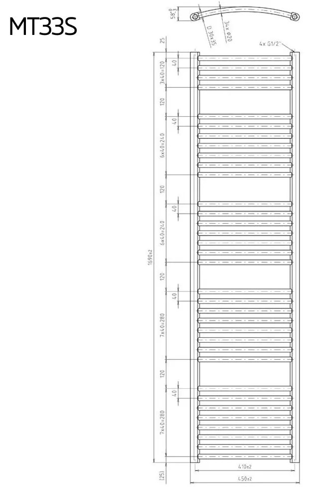 Mereo Mereo, Vykurovací rebrík, 450x1690 mm, 956 W, oblý, biely, stredové pripojenie, MER-MT33S